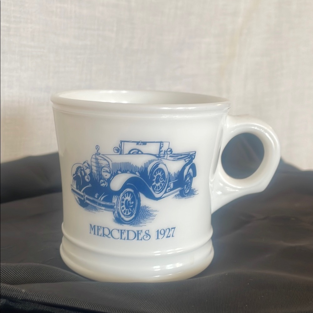1927 Mercedes design on White and Blue Mug milk glass vintage
